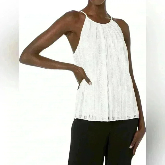 NWOT Theory Halter Cami Tank Top White Mod Lace Sz M Lined Textured Shell - Picture 2 of 11